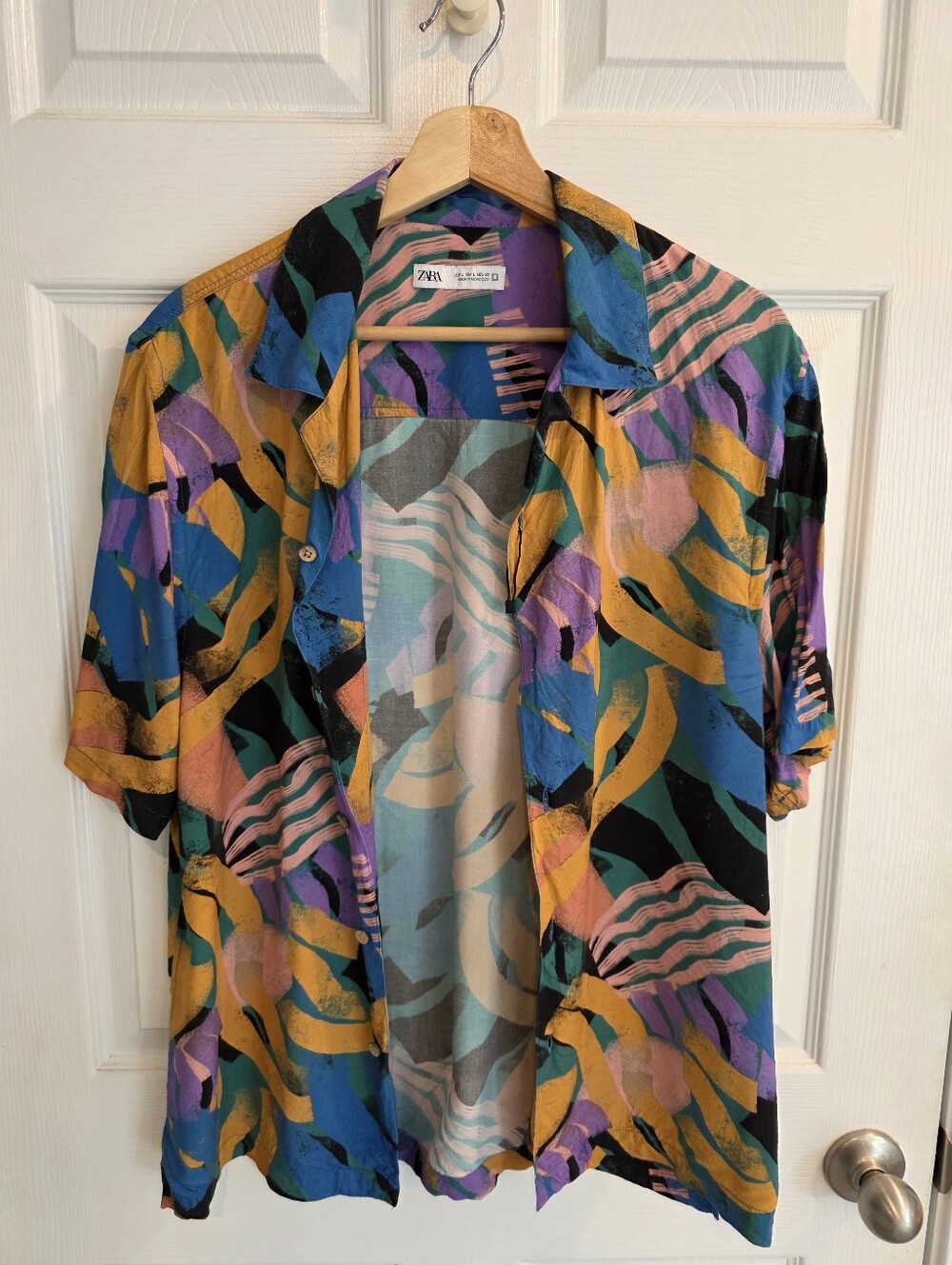 Zara Men’s Abstract Brushstroke Art Print Camp Collar Button Down Shirt L
